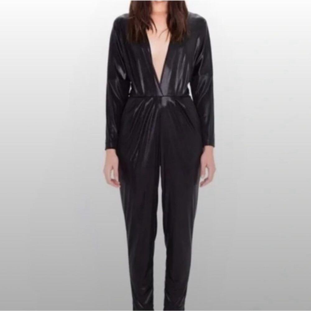 American Apparel Adelyn Metallic Jersey Jumpsuit Womens L Black Indie Sleaze 70s